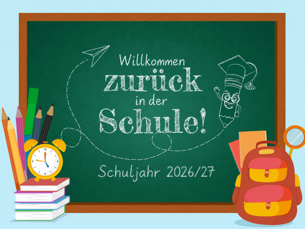 Tafelbild mit dem Schriftzug "Willkommen zurück in der Schule"